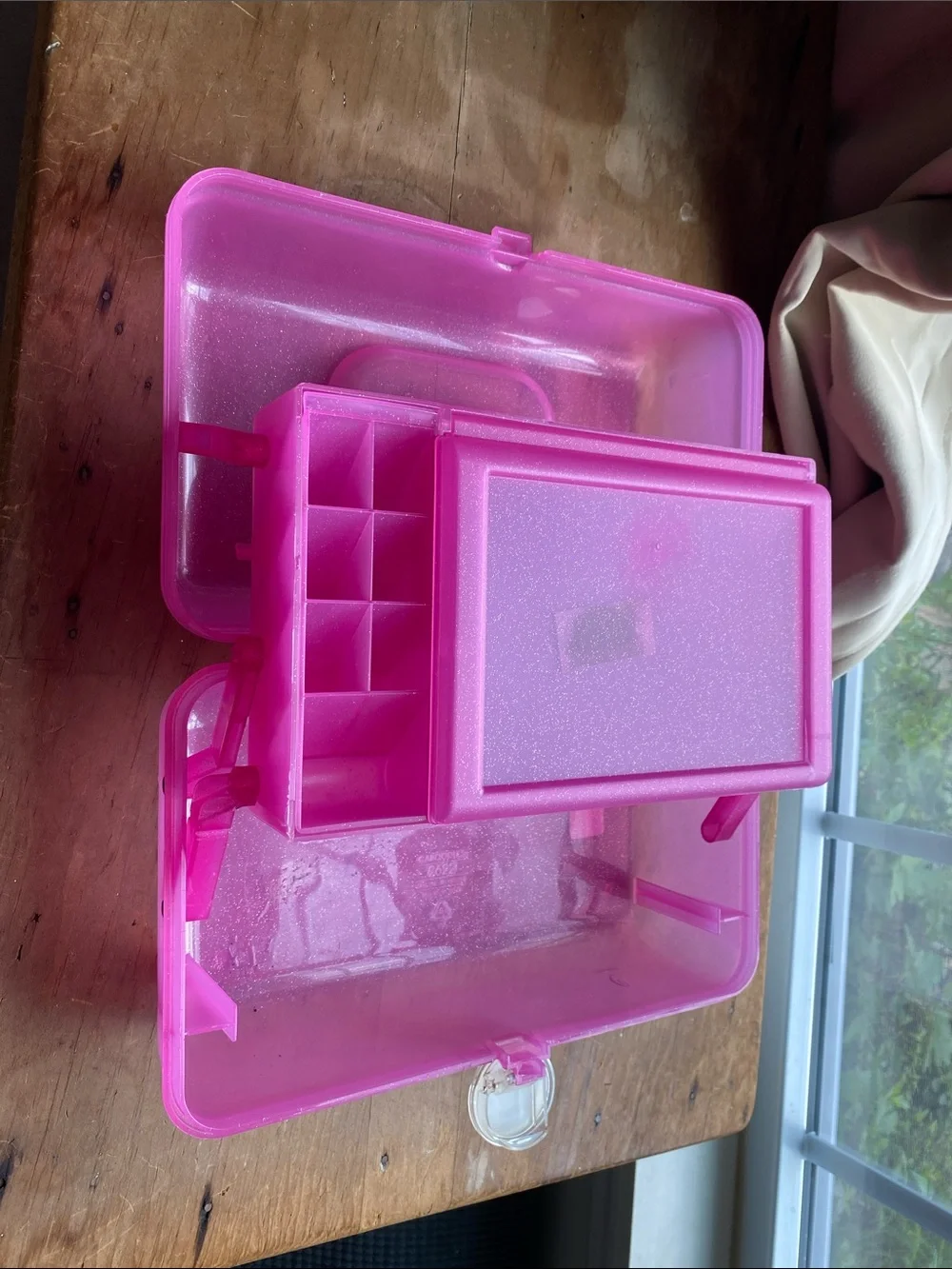 Pink Glitter Translucent Caboodle with Mirror Makeup Caddy Craft Caddy